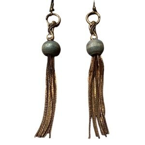 Vintage Antique Brass Metal Chain Tassel Blue Wood Bead Pierce Earrings Jewelry